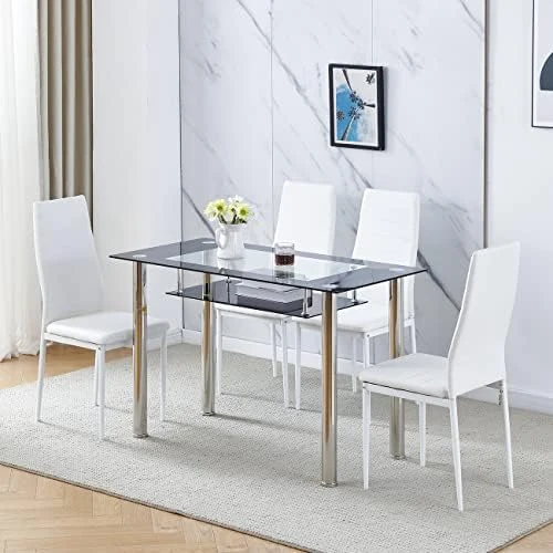 Nozama Rectangular Dining Table Chair Set Space Saving Dining Room Home Furniture Transparent Glass Stainless Steel Metal Legs For 4 People Flannal Black 12 Nozama Rectangular Dining Table Chair Set Space Saving Dining Room Home Furniture Transparent Glass Stainless Steel Metal Legs For 4 People Flannal Black - Image 10