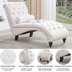 Iroomy Button-Tufted Chaise Lounge Indoor With Solid Wood Legs & Support Pillow, Upholstered Chaise Lounge Chair For Bedroom Living Room Office, Armless Rolled Backrest Leisure Sofa Recliner(Beige) -Amazon Store 51kSlJejPXL