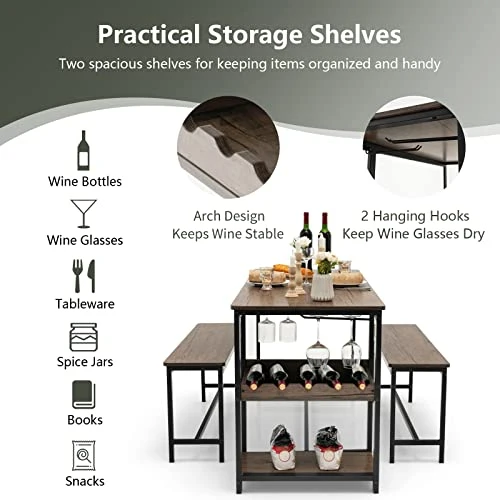COSTWAY 3-Piece Dining Table Set For 4, Rustic Pub Dining Table With 2 Benches, 2 Storage Shelves And Glass Holder, Breakfast Kitchen Table And Chairs Set For Small Space Kitchen Restaurant Bar 7 COSTWAY 3-Piece Dining Table Set For 4, Rustic Pub Dining Table With 2 Benches, 2 Storage Shelves And Glass Holder, Breakfast Kitchen Table And Chairs Set For Small Space Kitchen Restaurant Bar - Image 5