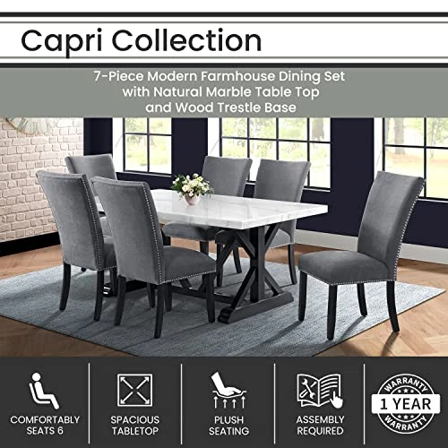 Hanover Linen Capri 7-Piece Dining Room Set White Marble Top Trestle Table And 4 Side Modern Luxury Furniture For Home Upholstered Chairs | Acacia Wood Base | HDR015-7PC-WHT, Natural, Gray 5 Hanover Linen Capri 7-Piece Dining Room Set White Marble Top Trestle Table And 4 Side Modern Luxury Furniture For Home Upholstered Chairs | Acacia Wood Base | HDR015-7PC-WHT, Natural, Gray - Image 3