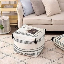 MOCOFO Cotton Woven Tassel Footstool Boho Square Unstuffed Pouf Cover For Living Room, Bedroom(Black Strips, 17.7×17.7×15.7") -Amazon Store 51kViwhnf0L