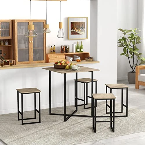 Giantex 5 Piece Dining Table Set, Industrial Kitchen Table Set W/ 4 Stools, Square Space-Saving Bar Table Set For Small Spaces, Apartment, Counter Height Table Sets W/Metal Frame (Natural & Black) 4 Giantex 5 Piece Dining Table Set, Industrial Kitchen Table Set W/ 4 Stools, Square Space-Saving Bar Table Set For Small Spaces, Apartment, Counter Height Table Sets W/Metal Frame (Natural & Black) - Image 2