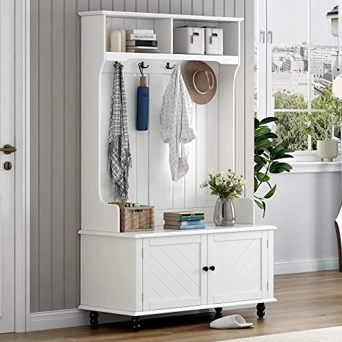 Knocbel Farmhouse Entryway Coat Garment Rack Storage Bench, 3-in-1 Hall Tree With Top Open Compartments, 2 Doors And 4 Metal Hooks, 220lbs Weight Capacity, 40.1"W X 17.7"D X 65"H (White) 3 Knocbel Farmhouse Entryway Coat Garment Rack Storage Bench, 3-in-1 Hall Tree With Top Open Compartments, 2 Doors And 4 Metal Hooks, 220lbs Weight Capacity, 40.1"W X 17.7"D X 65"H (White)
