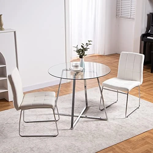 Bacyion Dining Table Set For 4 Person - Tempered Glass Table And PU Leather Chairs -Modern Kitchen Table And Chairs Set For Home, Kitchen, Living Room, Breakfast Nook (White) 8 Bacyion Dining Table Set For 4 Person - Tempered Glass Table And PU Leather Chairs -Modern Kitchen Table And Chairs Set For Home, Kitchen, Living Room, Breakfast Nook (White) - Image 6