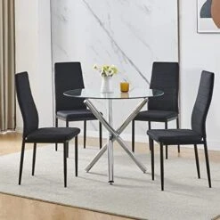 BELIFEGLORY Dining Table With Chairs Set, 5PCS Round Glass Table Set Modern Tempered Glass Top Table With 4 Velvet Chairs Dining Room Furniture -Amazon Store 51khkuTRyXL. AC