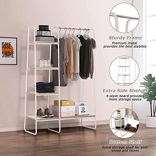 AKSG Clothing Rack Garment Rack With Shelves Wardrobe Rack Freestanding Closet Racks With Metal Hanger Rod And 4-tier Wood Shelves Heavy Duty Clothes Rack For Bedroom Living Room Entryway White 3 AKSG Clothing Rack Garment Rack With Shelves Wardrobe Rack Freestanding Closet Racks With Metal Hanger Rod And 4-tier Wood Shelves Heavy Duty Clothes Rack For Bedroom Living Room Entryway White