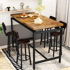 Recaceik Bar Table Set For 4 Bar Table And Chairs Set, Industrial Dinner Table With 4 PU Leather Upholstered Backrest Stool, Counter Height Pub Dining Room Table Set For Apartment Small Spaces