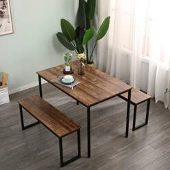 Soges Kitchen Table Set With 2 Benches, Bench Dining Table Set For 4, 3 Piece Dining Room Table And Long Benches, Breakfast Table Coffee Table Set, Industrial Style Wooden Kitchen And Dining Room Set