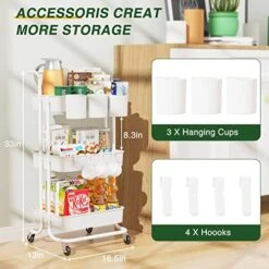 LEHOM 3-Tier Rolling Utility Cart With Hanging Cups & Hooks & Handle, Multifunctional Art Cart Organizer Storage With Wheels, Easy Assembly For Office, Bedroom, Kitchen, Bathroom, Laundry (White) 14 LEHOM 3-Tier Rolling Utility Cart With Hanging Cups & Hooks & Handle, Multifunctional Art Cart Organizer Storage With Wheels, Easy Assembly For Office, Bedroom, Kitchen, Bathroom, Laundry (White) -Amazon Store 51ksSrfpwkL