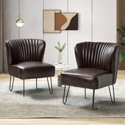 HULALA HOME Faux Leather Accent Chairs Set Of 2 With Metal Base, Mid Century Modern Living Room Chairs, Comfy Upholstered Armless Side Chairs For Bedroom, Camel -Amazon Store 51l1RUnJDfL. AC