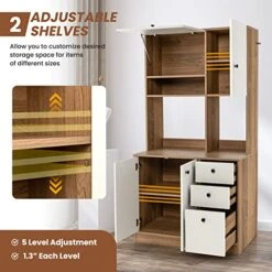 LOKO 71” Tall Kitchen Pantry Storage Cabinet, Freestanding Buffet Hutch With Doors, Adjustable Shelves, 3 Drawers And Microwave Stand, Kitchen Hutch For Dining Room, Living Room (White & Natural) -Amazon Store 51l3Fo1ZdaL