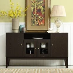 Mixcept 60" Modern Solid Wood Sideboard Buffet Table Storage Cabinet Tall Console Table With 4 Doors, Espresso