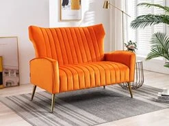 Altrobene Velvet Couch Modern Wingback Loveseat Tufted Luxury Sofa With Gold Legs For Living Room/Bedroom, Orange