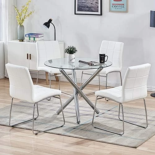 WENYU 3 Pieces Glass Dining Table Set, Round Kitchen Table With Clear Tempered Glass Top, Modern Dining Table And Chairs Set For 2 Person (Table + 2 White Chairs) 13 WENYU 3 Pieces Glass Dining Table Set, Round Kitchen Table With Clear Tempered Glass Top, Modern Dining Table And Chairs Set For 2 Person (Table + 2 White Chairs) - Image 11