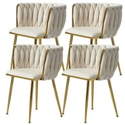 Tsuysi Velvet Dining Chairs Set Of 4, Modern Dining Chair With Golden Metal Legs, Woven Upholstered Dining Chairs For Dining Room, Kitchen, Vanity, Living Room (Beige)