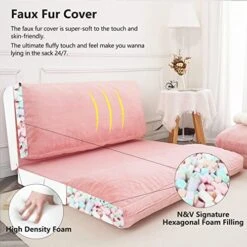 N&V Folding Matress Sofa Bean Bag, Foam Filling Folding Matress Sofa, Includes Removable And Machine Washable Cover, Soft Faux Fur (Pink) -Amazon Store 51lRHvDLLRL