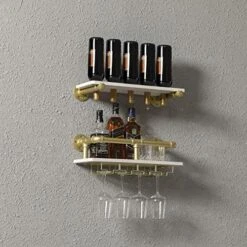 WAKI HOME Industrial Wall Mounted Wine Rack, Wine Bottle Stemware Glass Rack, Floating Wood Shelf Pipe Hanging Shelving With Glass Holders For Wine Glasses, Flutes, Mugs, Home Décor, Kitchen, Bar -Amazon Store 51lSxu6qu1L