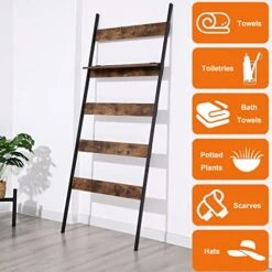 Blanket Ladder Shelf Rack 5-Tier With Adjustable Shelf And 4 Hanging Hooks, Wall-Leaning Blanket Rack, Ladder Shelf Stand For Bathroom, Living Room, Kitchen, Rustic Brown And Black -Amazon Store 51leC8FWzKL