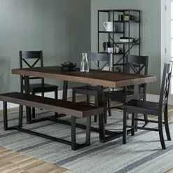 Walker Edison Barnes 6-Piece Rustic Metal And Wood Dining Table With X-Back Chairs, Set Of 6, Mahogany/Black