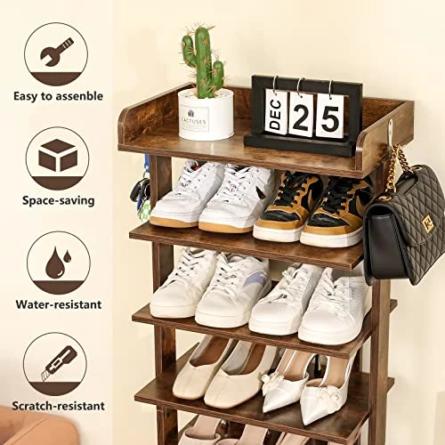 Usikey Large Vertical Shoe Rack, 8 Tiers Wooden Shoes Racks With Bottom Drawer, Top Storage & 2 Hooks, Double Shoes Storage, Modern Shoe Rack Organizer, Shoe Tower For Entryway, Hallway, Rustic Brown 6 Usikey Large Vertical Shoe Rack, 8 Tiers Wooden Shoes Racks With Bottom Drawer, Top Storage & 2 Hooks, Double Shoes Storage, Modern Shoe Rack Organizer, Shoe Tower For Entryway, Hallway, Rustic Brown - Image 4