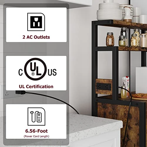 Amyove Bakers Rack With Power Outlet, Rustic Microwave Stand With 2 Drawer, Bakers Racks For Kitchens With Storage, 5-Tier Kitchen Storage Rack For Dining, Small Space, Apartment 4 Amyove Bakers Rack With Power Outlet, Rustic Microwave Stand With 2 Drawer, Bakers Racks For Kitchens With Storage, 5-Tier Kitchen Storage Rack For Dining, Small Space, Apartment - Image 2