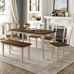 Merax 6 Pieces Dining Table Set With Bench, Kitchen Table Chairs Set, Wooden Rectangular Dining Table With 4 Chairs And Bench For Kitchen Room Dining Room (Brown+Cottage White)