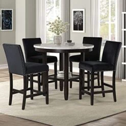 New Classic Furniture Celeste 5-Piece Faux Marble Round Counter Set With 1 Table And 4 Chairs, 42-Inch, Black