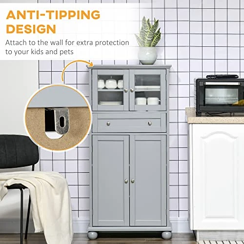 HOMCOM 52" Traditional Kitchen Pantry, Floor Storage Cabinet, Small Cupboard Organizer With Adjustable Shelves And 4-Doors For Dining Room, Living Room, Grey 6 HOMCOM 52" Traditional Kitchen Pantry, Floor Storage Cabinet, Small Cupboard Organizer With Adjustable Shelves And 4-Doors For Dining Room, Living Room, Grey - Image 4