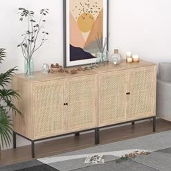 XIAO WEI Sideboard With Handmade Natural Rattan Doors, Rattan Cabinet Console Table Storage Cabinet Buffet Cabinet, For Kitchen, Living Room, Hallway, Entryway, Black -Amazon Store 51mALAKmq9L. AC