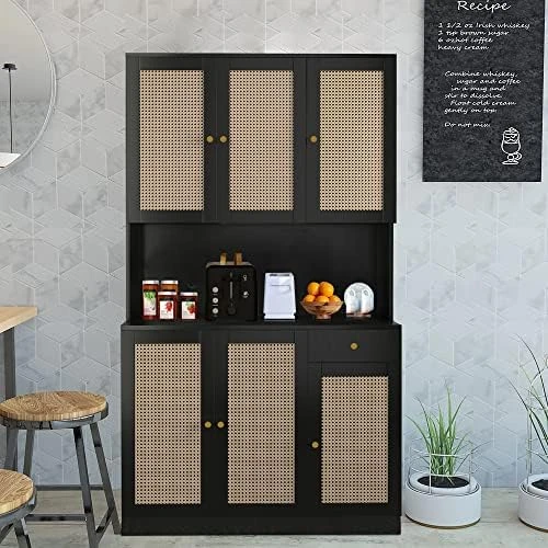 Wirrtory 71” Rattan Freestanding Kitchen Pantry Storage Cabinet, Buffet Cupboards Sideboard Modern Hutch Cabinet with 6 Doors & Drawer For Kitchen Living Room (Black) 10 Wirrtory 71” Rattan Freestanding Kitchen Pantry Storage Cabinet, Buffet Cupboards Sideboard Modern Hutch Cabinet with 6 Doors & Drawer For Kitchen Living Room (Black) - Image 8