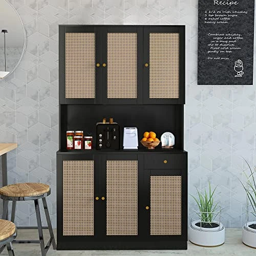 Wirrtory 71” Rattan Freestanding Kitchen Pantry Storage Cabinet, Buffet Cupboards Sideboard Modern Hutch Cabinet with 6 Doors & Drawer For Kitchen Living Room (Black) 3 Wirrtory 71” Rattan Freestanding Kitchen Pantry Storage Cabinet, Buffet Cupboards Sideboard Modern Hutch Cabinet with 6 Doors & Drawer For Kitchen Living Room (Black)