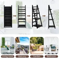 NO MORE TAG 4-Tier Ladder Shelf, Foldable Ladder Bookshelf Wood Storage Ladder Shelves Free Standing Organizer Rack Shelf For Living Room, Home Office And Kitchen, Black -Amazon Store 51mEnpjA8FL