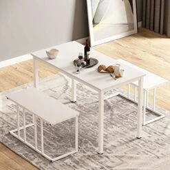 SogesHome 47'' Dining Table Set For 4, 3 Pieces Kitchen Table And 2 Bench Set, Table With Bench Set For Restaurant, Coffee Shop, Living Room, White
