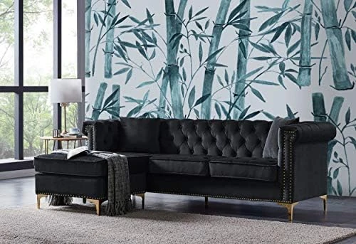 Iconic Home Levin Left Hand Facing Sectional Sofa L Shape Chaise Velvet Button Tufted Rolled Arm With Nail Head Trim Tone Metal Y-Leg With 2 Accent Pillows Modern Contemporary, Gold 7 Iconic Home Levin Left Hand Facing Sectional Sofa L Shape Chaise Velvet Button Tufted Rolled Arm With Nail Head Trim Tone Metal Y-Leg With 2 Accent Pillows Modern Contemporary, Gold - Image 5