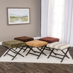 Homepop Home Decor | Modern Square Ottoman With Metal X Base | Ottoman For Living Room & Bedroom | Decorative Home Furniture (Tan And Cream Awning Stripe) -Amazon Store 51mah4awBvL