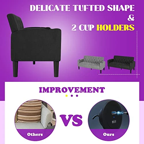 TYBOATLE Mid-Century Modern Living Room Sectional Sofa Sets 3 Pieces, Tufted Linen Fabric USB Loveseat Couch W/ 2 Cupholders And 2 Accent Armchairs For Living Room, Bedroom, Apartment (Dark Grey) 7 TYBOATLE Mid-Century Modern Living Room Sectional Sofa Sets 3 Pieces, Tufted Linen Fabric USB Loveseat Couch W/ 2 Cupholders And 2 Accent Armchairs For Living Room, Bedroom, Apartment (Dark Grey) - Image 5