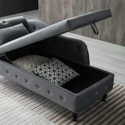 LUCKHAO Chaise Lounge Indoor,Velvet Lounge Chair For Bedroom With Storage & Pillow,Modern Upholstered Rolled Arm Chase Lounge For Sleeping With Nailhead Trim For Living Room Bedroom Office(Grey) -Amazon Store 51mpfysTPFL