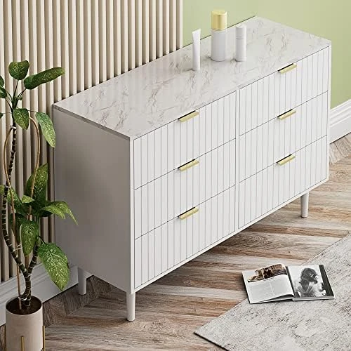 ANBUY Black 6 Drawer Double Dresser For Bedroom, Dual Chest Of Drawers Modern Dresser For Bedroom With Gold Handles Imitation Marble Texture (Black) 7 ANBUY Black 6 Drawer Double Dresser For Bedroom, Dual Chest Of Drawers Modern Dresser For Bedroom With Gold Handles Imitation Marble Texture (Black) - Image 5