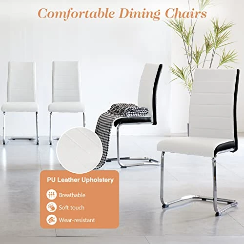 5 Pieces Dining Table And Chairs Set - Modern Round Dining Room Table With 4 Leather Chairs - Tempered Glass Table Top And Chrome Legs Kitchen Table Set For Small Space - White 3 5 Pieces Dining Table And Chairs Set - Modern Round Dining Room Table With 4 Leather Chairs - Tempered Glass Table Top And Chrome Legs Kitchen Table Set For Small Space - White