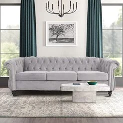 MIYZEAL Modern 3 Seater Couch Velvet, Upholstered Sofa With Tufted Back, Roll Arm Classic Chesterfield Settee Couches For Living Room, Office (Dark Gray)