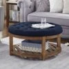 24KF Large Round Upholstered Tufted Linen Ottoman Coffee Table, Large Footrest Ottoman With Wood Shelf Storage- Navy Blue 2 24KF Large Round Upholstered Tufted Linen Ottoman Coffee Table, Large Footrest Ottoman With Wood Shelf Storage- Navy Blue -Amazon Store 51n59cPmKBL