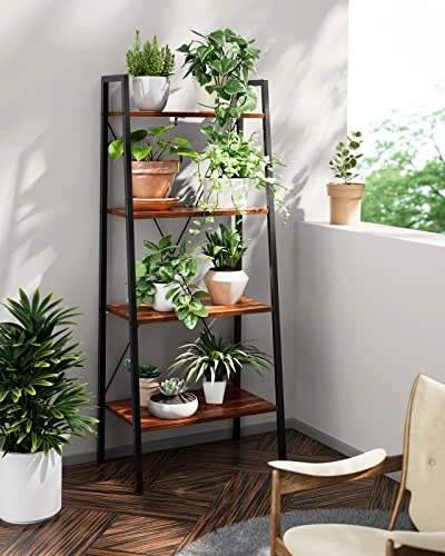 Pipishell Industrial Ladder Shelf, 4-Tier Bookshelf, Free Standing Bookcase Storage Rack Shelves Plant Flower Stand With Wood Look For Living Room, Bedroom, Kitchen, Bathroom, Home Office, Balcony 4 Pipishell Industrial Ladder Shelf, 4-Tier Bookshelf, Free Standing Bookcase Storage Rack Shelves Plant Flower Stand With Wood Look For Living Room, Bedroom, Kitchen, Bathroom, Home Office, Balcony - Image 2