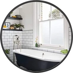 SHERBECK Black Round Bathroom Mirror Large Round Circle Mirror 32"X32", Wall Mounted Mirror For Living Room,Bedroom,Entryways Vanity
