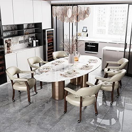 Set Of 4 Dining Chair With Casters, Leather Chair With Caster & Nailhead Trime Dining Chairs With Rollers Curving Backrest Chairs With Wheels Kitchen Table Rolling Chair,Espresso&Beige 1910BG 6 Set Of 4 Dining Chair With Casters, Leather Chair With Caster & Nailhead Trime Dining Chairs With Rollers Curving Backrest Chairs With Wheels Kitchen Table Rolling Chair,Espresso&Beige 1910BG - Image 4