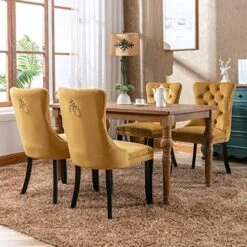 Rhomtree Set Of 2 Velvet Fabric Dining Chairs Luxury Tufted Back With Nailed Trim And Back Ring Pull Home Kitchen Dining Room Chairs Armless Side Chairs Solid Rubber Wood Legs (Gold) -Amazon Store 51nHcTxszQL