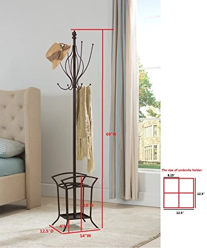 Kings Brand Bronze Finish Metal Coat Rack & Hat Stand With Umbrella Holder 4 Kings Brand Bronze Finish Metal Coat Rack & Hat Stand With Umbrella Holder - Image 2