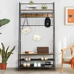 VIVOHOME Multifunctional MDF Hall Tree With Durable Metal Frame, Industrial Stand Organizer With Storage Bench For Entryway Hallway Living Room