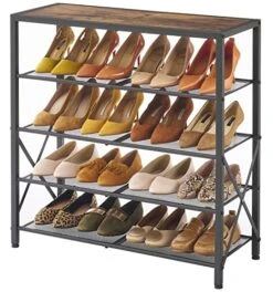 Tajsoon 5-Tier Shoe Rack Organizer, Industrial Shoe Rack For Closet Entryway, Metal Mesh Shoe Storage Shelf With X Shape Fixed Frame, With 2 Hooks, Rustic Brown & Black