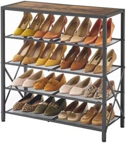 Tajsoon 5-Tier Shoe Rack Organizer, Industrial Shoe Rack For Closet Entryway, Metal Mesh Shoe Storage Shelf With X Shape Fixed Frame, With 2 Hooks, Rustic Brown & Black -Amazon Store 51nPhuQZNML. AC