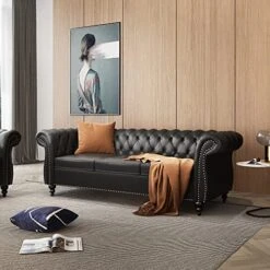 NOSGA Modern 3 Seater Couch, Large Sofa Furniture, Roll Arm Classic Tufted Chesterfield Settee Leather Sofa With Channel Tufted Seat Back For Living Room, Black PU 18 NOSGA Modern 3 Seater Couch, Large Sofa Furniture, Roll Arm Classic Tufted Chesterfield Settee Leather Sofa With Channel Tufted Seat Back For Living Room, Black PU -Amazon Store 51nWqF6802L